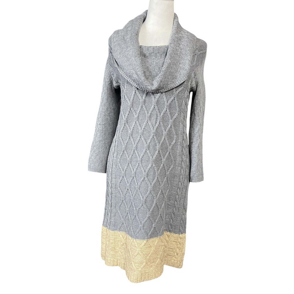 Sparrow Sweater Dress Womens M Gray Cowl Neck Colorblock Cable Knit 3/4 Sleeve